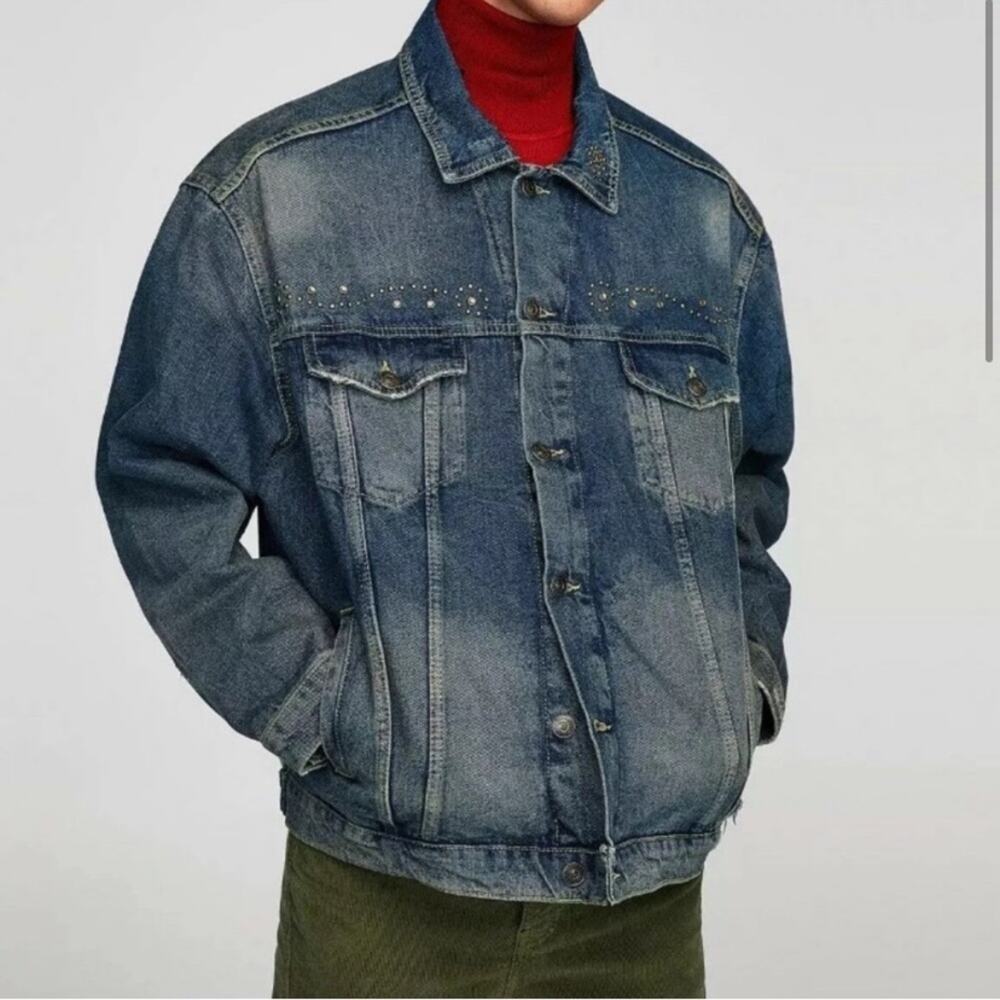 ZARA MAN Western Studded Aztec Flannel Lined Denim Trucker Jacket NWT Size Large - Picture 3 of 7